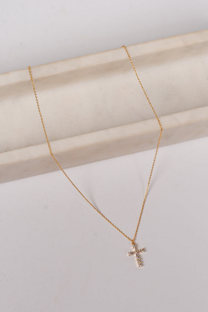 Wren Gold Rhinestone Cross Charm Necklace