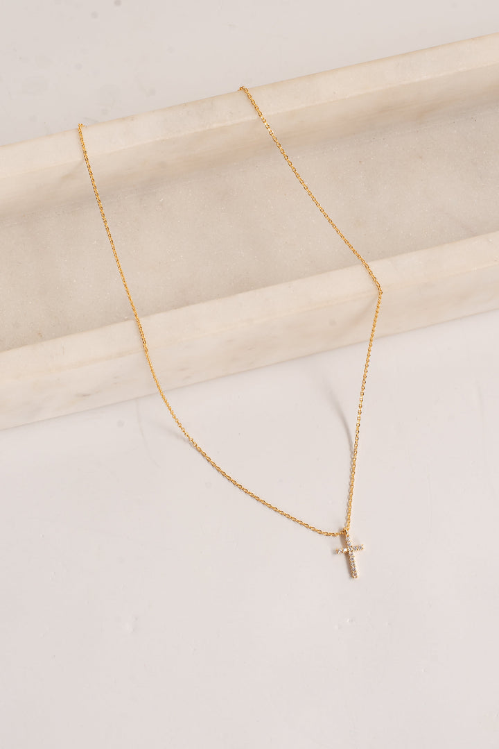 Harlow Gold Rhinestone Cross Charm Necklace