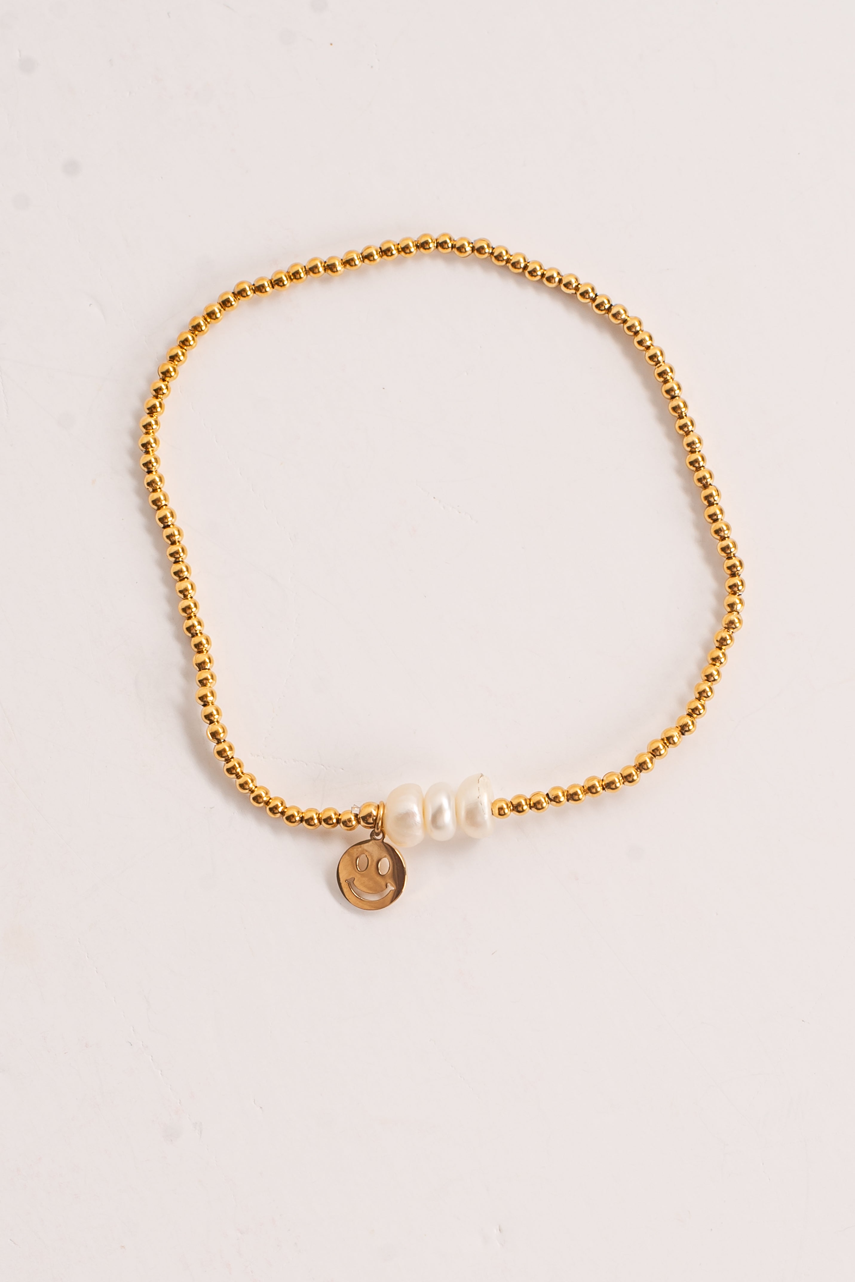Ava Gold Beaded Pearl Smiley Face Charm Bracelet